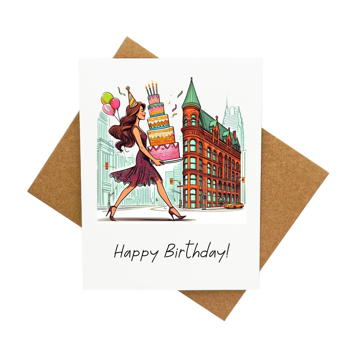 Girl with Birthday Cake (Featuring The Flatiron Building in Toronto): A Handcrafted Greeting Card - Vintage Villages