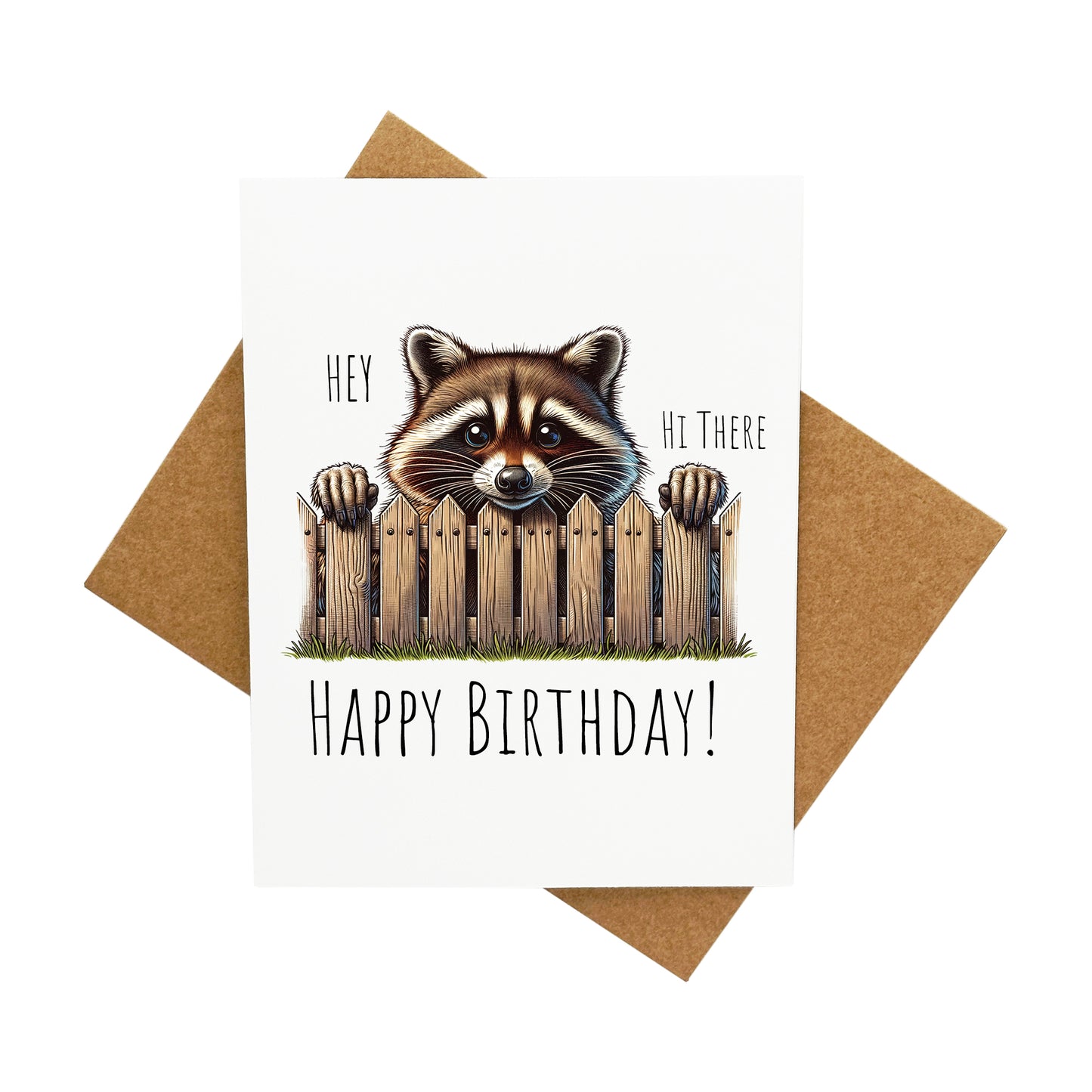 Raccoon Birthday Looking Over Fence (Hi There): A Handcrafted Greeting Card - Vintage Villages