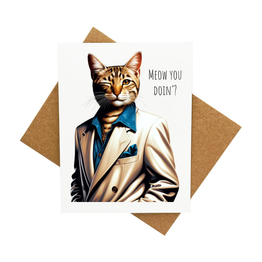 Funny Cat Card - Meow You Doin'?: A Handcrafted Greeting Card - Vintage Villages