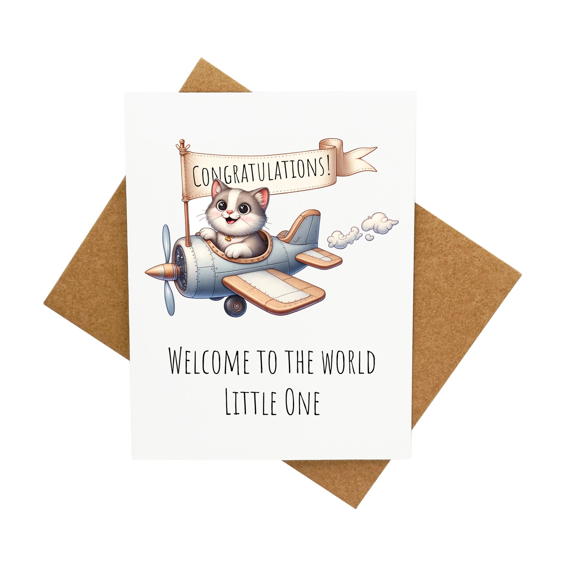 Cat Flying a Plane Congrats New Baby: A Handcrafted Greeting Card - Vintage Villages