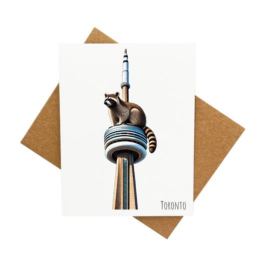 Raccoon On Top of The CN Tower in Toronto: A Handcrafted Greeting Card